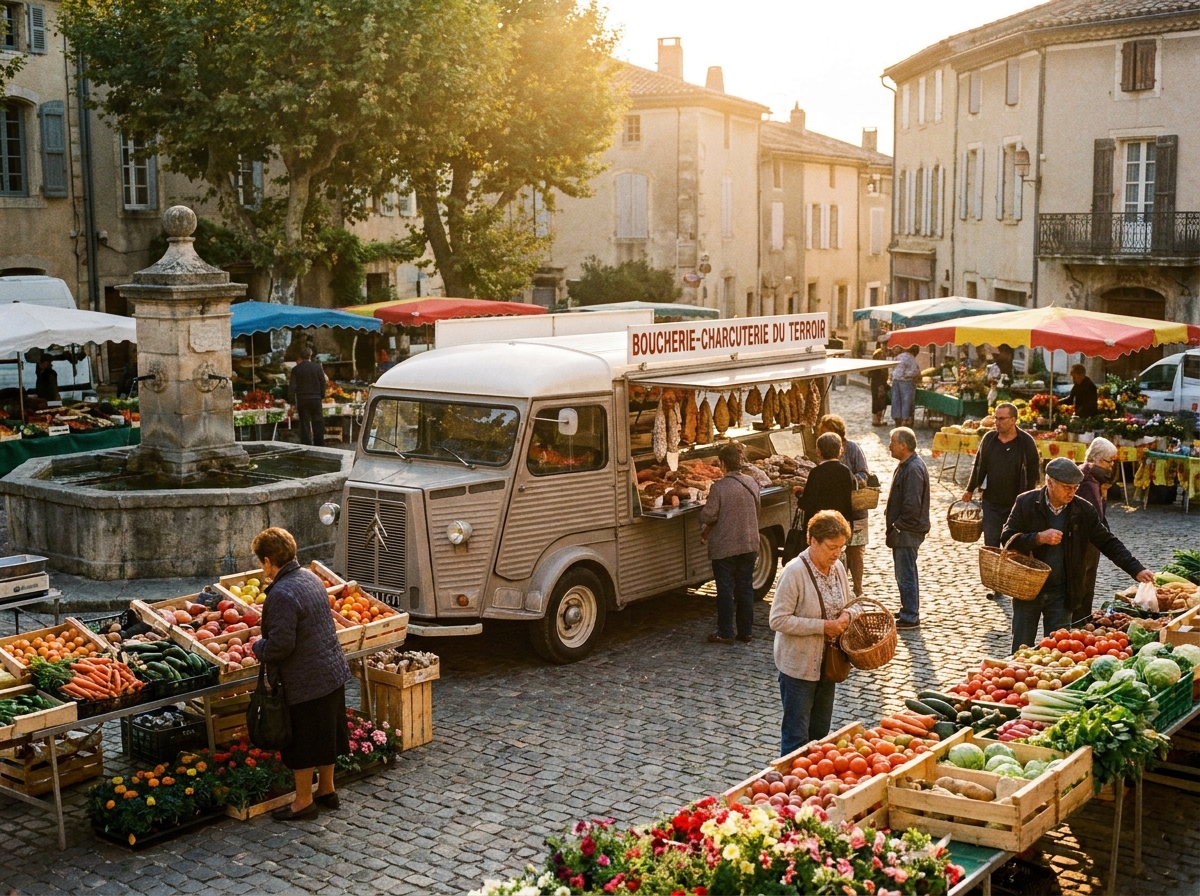 Quelques étals de fruits et légumes et un stand de boucherie-charcuterie sur une place de village en fin d’après-midi