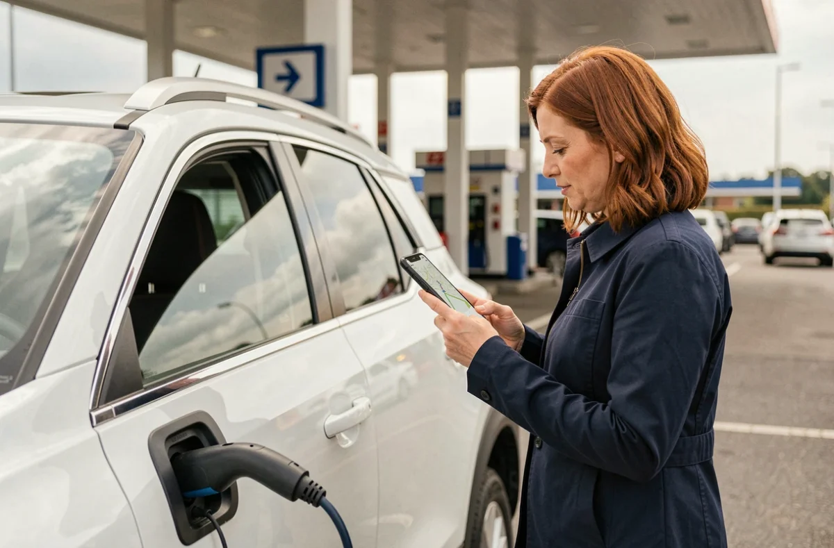 Femme rechargeant un SUV hybride dans une aire de service d'autoroute tout en consultant son téléphone