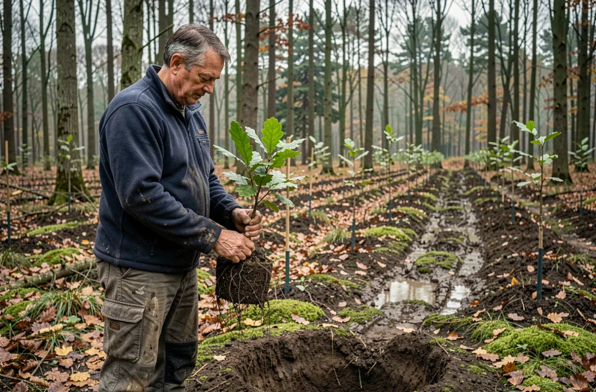 Homme plantant un jeune chêne dans un site de reforestation tempéré, action concrète pour la protection de l'environnement