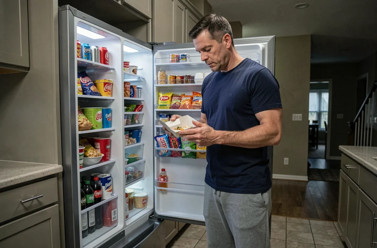 Homme ouvrant un réfrigérateur rempli d'aliments ultra-transformés et de boissons sucrées