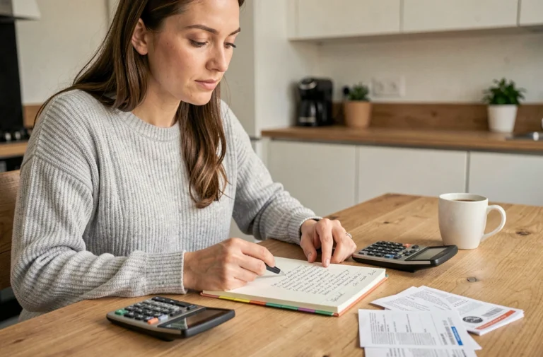 Femme consultant un cahier de budget mensuel à la table de sa cuisine avec calculatrice et reçus