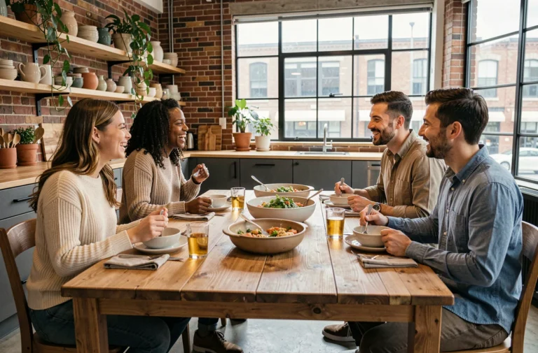 Groupe de colocataires adultes partageant un repas convivial dans une cuisine commune de coliving moderne