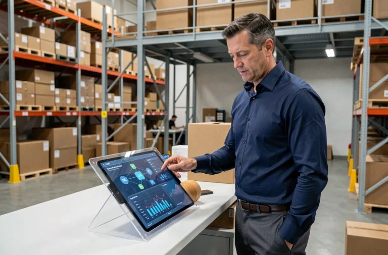 Responsable logistique analysant des données blockchain sur une tablette dans un entrepôt moderne