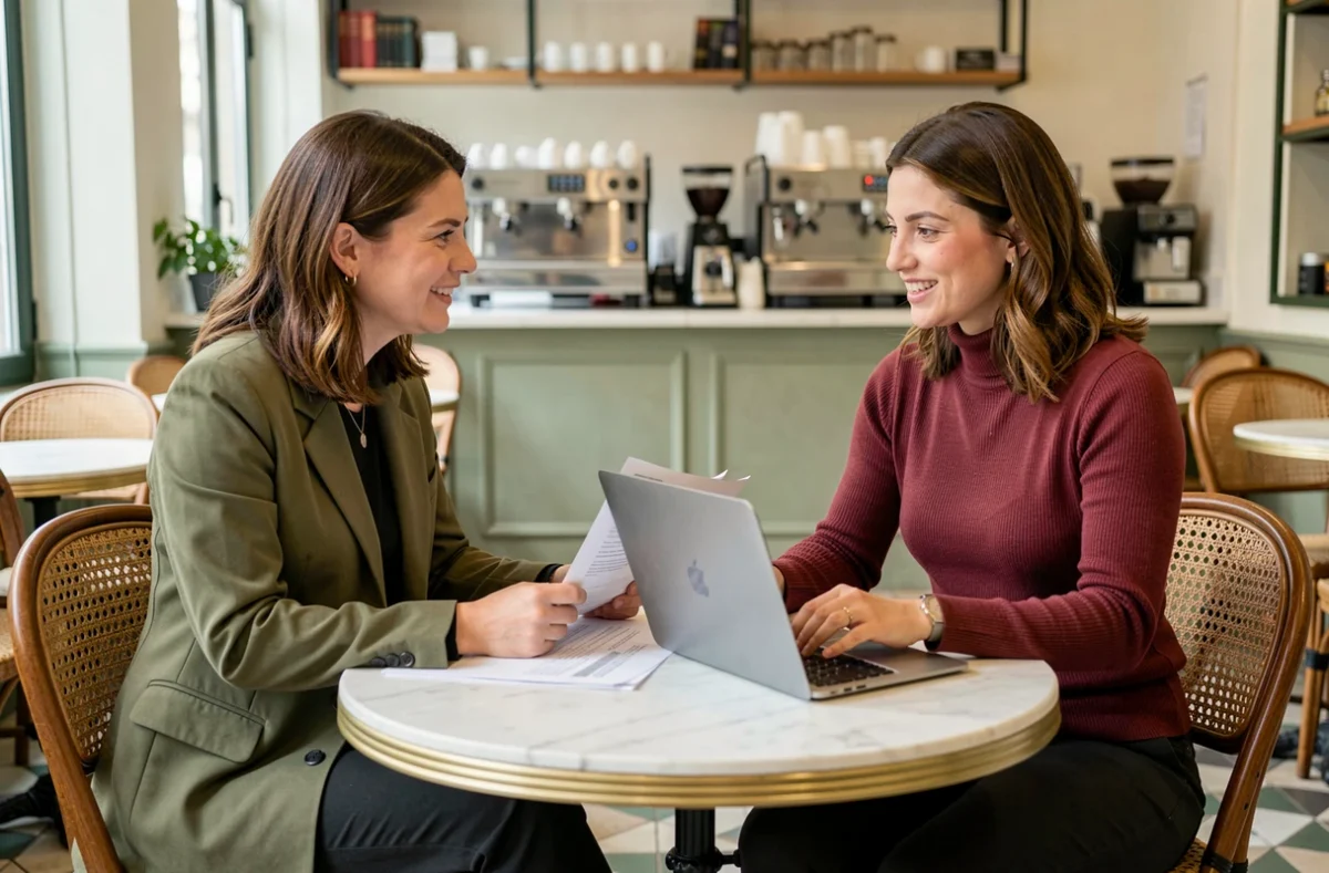 Deux créatrices discutant d'une proposition de collaboration avec une marque autour d'un café à Paris