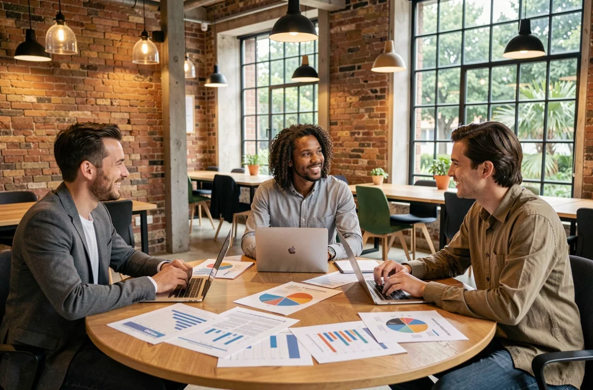 Équipe de professionnels discutant de stratégies d'investissement autour d'une table dans un espace de coworking