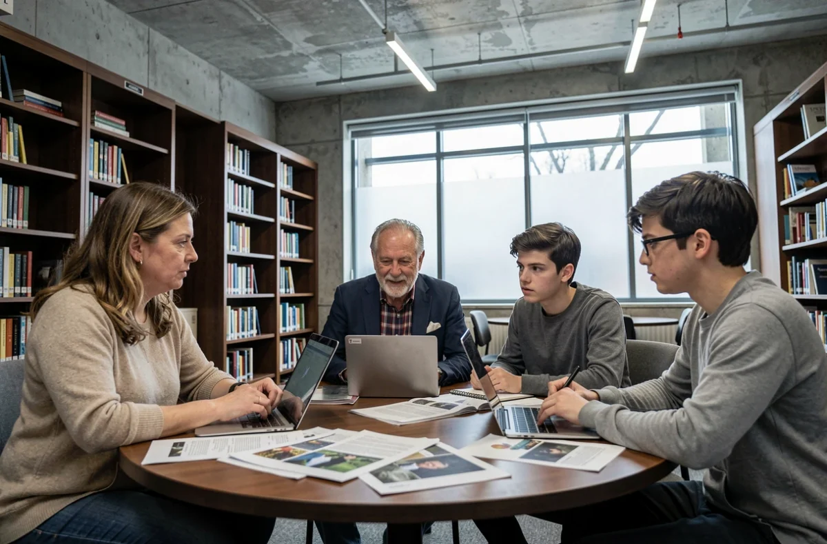 Des adultes de différentes générations réunis autour d'une table dans une bibliothèque publique moderne, discutant d'équité intergénérationnelle
