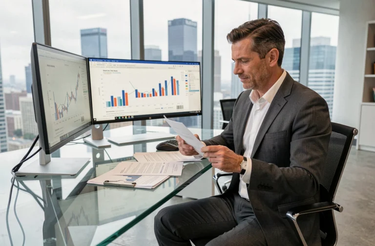 Investisseur professionnel en costume analysant des graphiques financiers dans un bureau moderne en hauteur