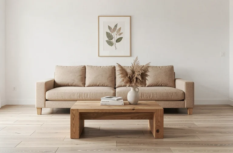 Salon scandinave minimaliste avec canapé en lin, sol en bois clair et décoration épurée