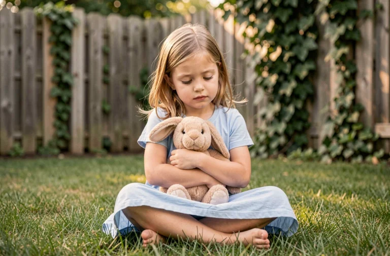 Jeune fille assise dans un jardin tenant un lapin en peluche, illustrant la sérénité et le bien-être émotionnel de l'enfant