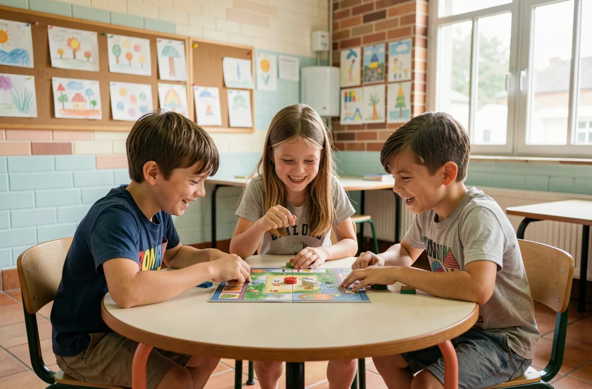 Trois enfants jouant ensemble à l'école dans une ambiance coopérative, symbolisant les interactions sociales et le développement émotionnel