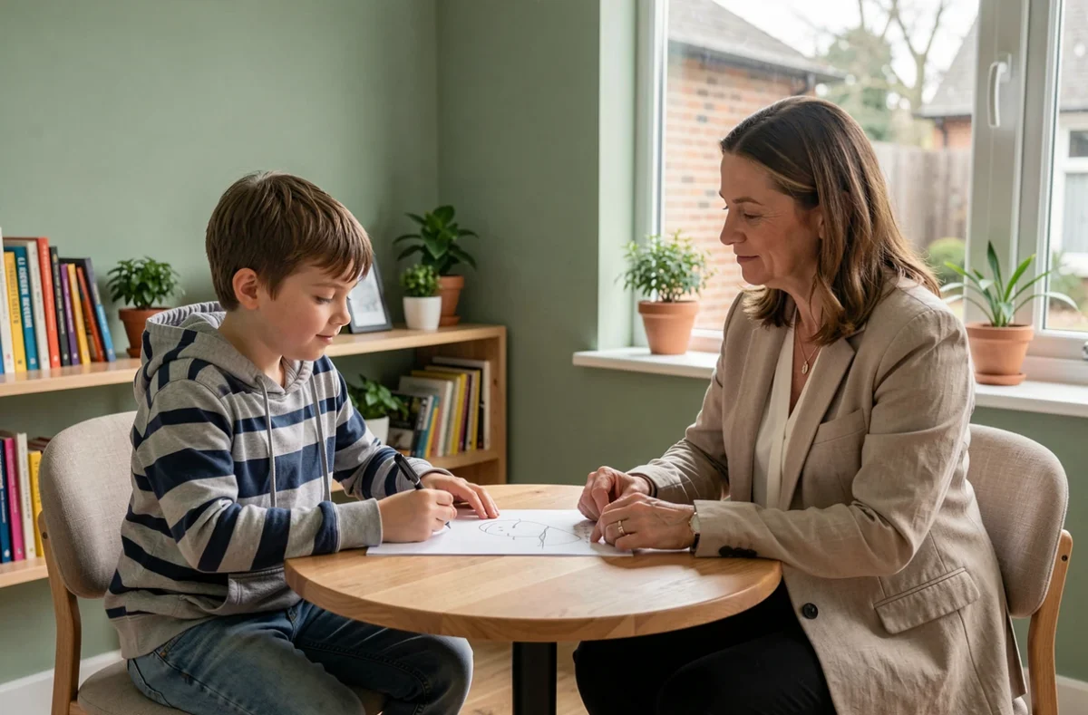 Enfant en séance avec une thérapeute dans un cabinet apaisant, représentant l'accompagnement psychologique des jeunes