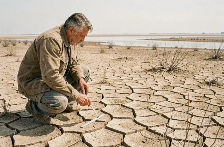 Scientifique examinant une terre aride et craquelée symbolisant la sécheresse liée au changement climatique