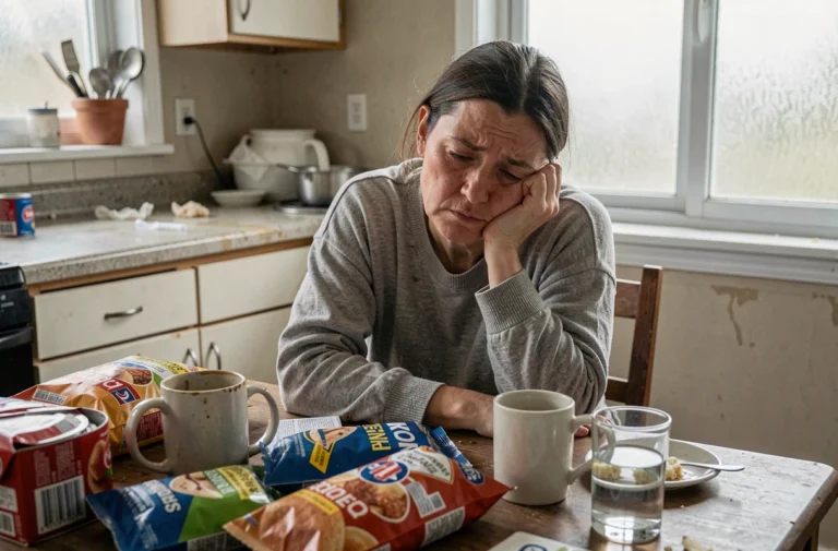 Femme fatiguée assise devant une table encombrée d'aliments transformés, signe d'une mauvaise alimentation