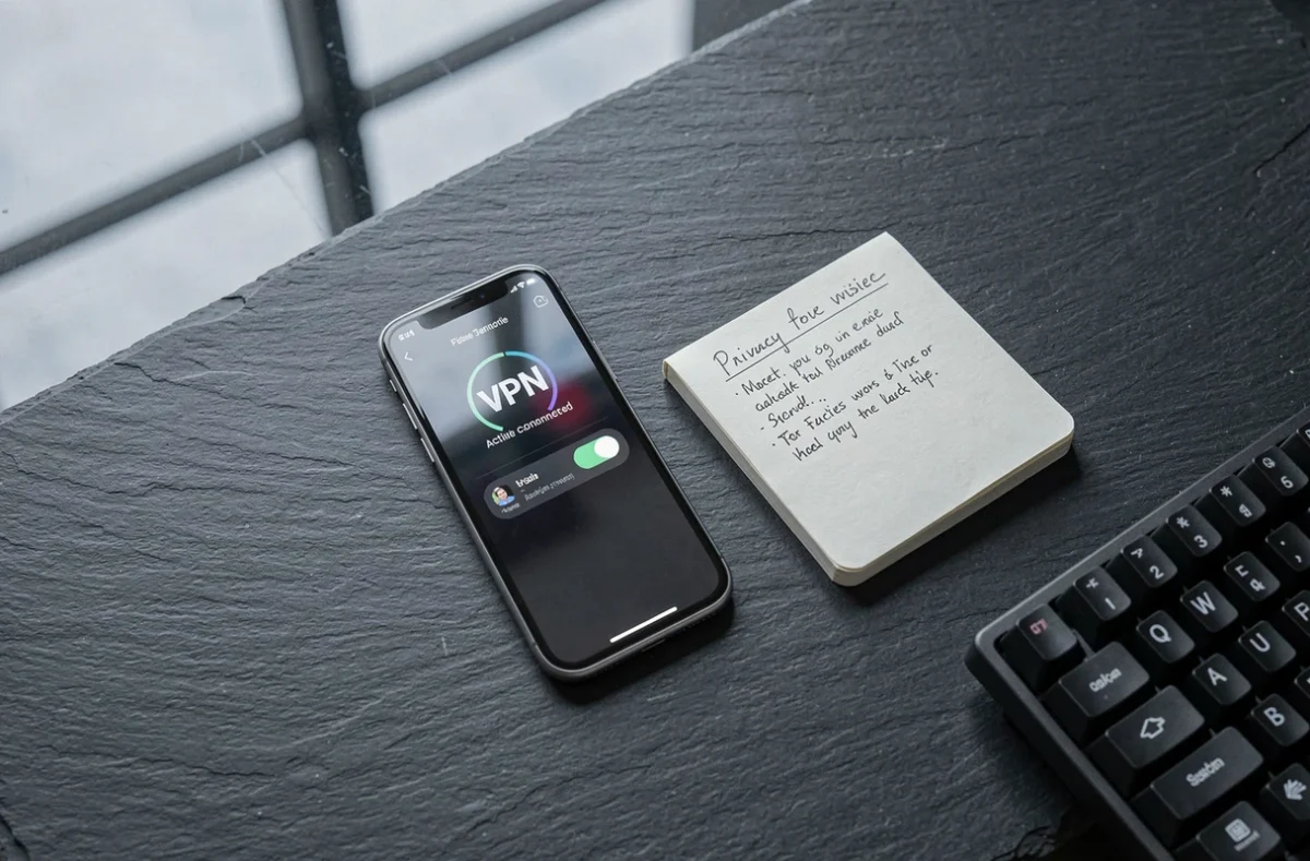 Smartphone affichant une interface VPN active posé sur un bureau minimaliste avec un carnet de notes