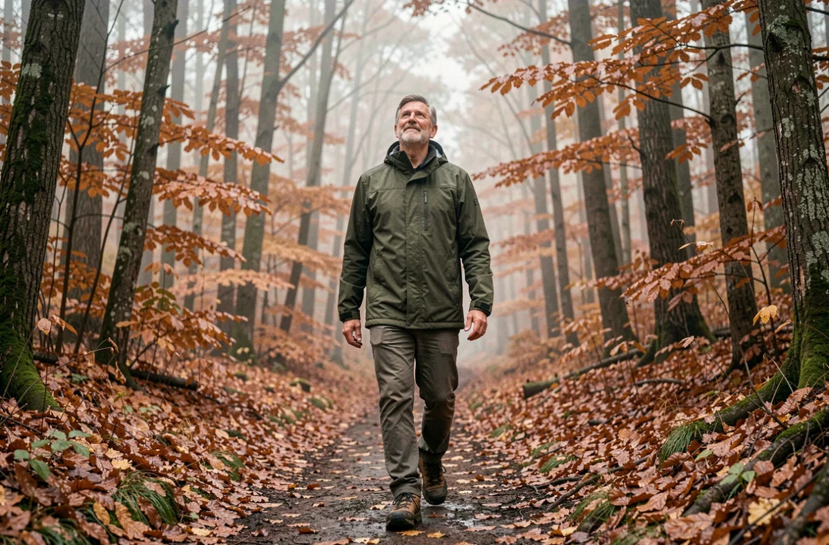 Homme marchant seul en forêt en automne, entouré de feuilles dorées, évoquant les bienfaits de la solitude dans la nature