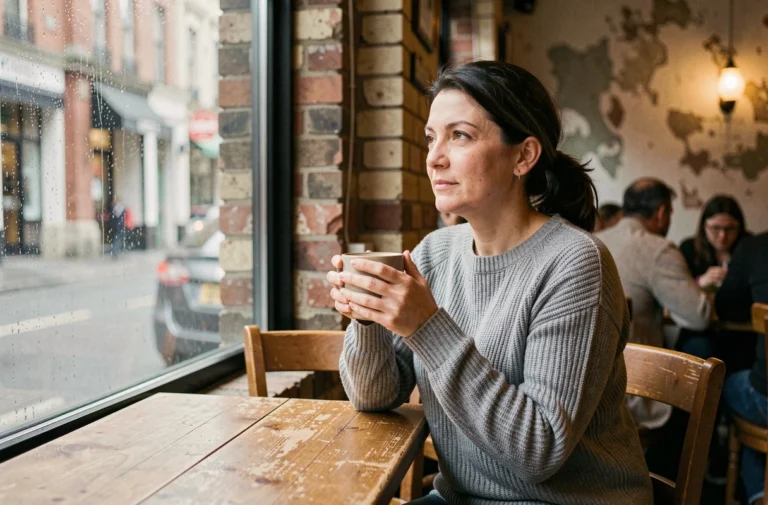 Femme seule dans un café pluvieux, regardant par la fenêtre avec une expression pensive, illustrant la solitude apaisante