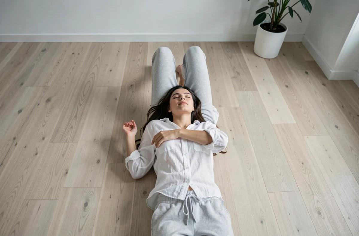 Jeune femme allongée seule sur le sol de son appartement, yeux fermés, dans une posture de repos conscient et de solitude volontaire