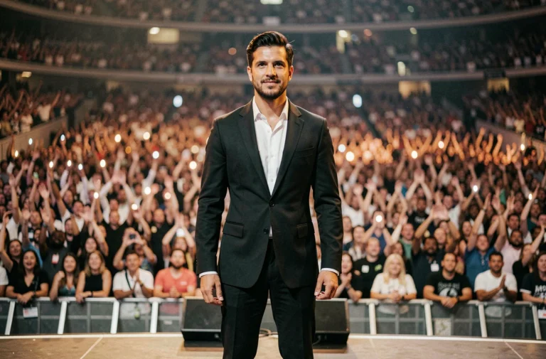 Chanteur célèbre en costume noir sur une grande scène de concert devant une foule immense
