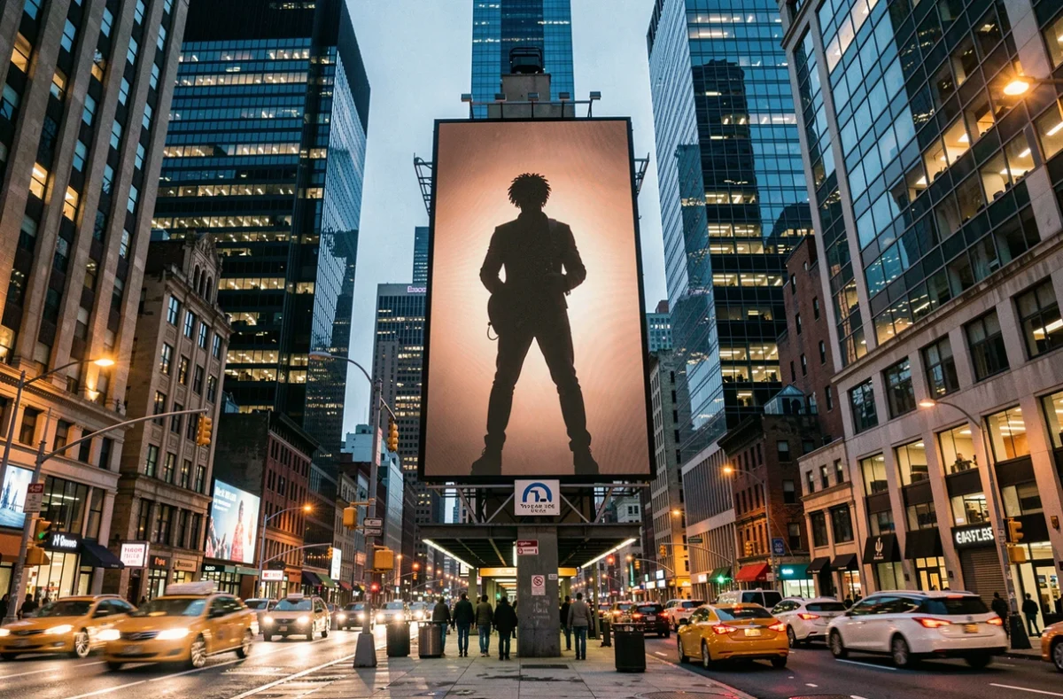 Billboard géant d'une célébrité mondiale dans une grande ville cosmopolite au crépuscule