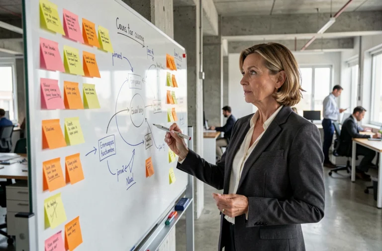 Femme manager présentant une stratégie innovante sur un tableau blanc collaboratif dans un bureau moderne
