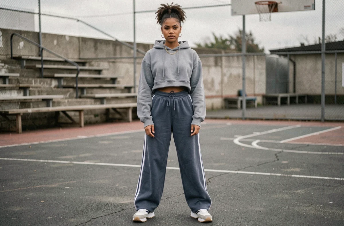 Jeune femme en jogging sportswear années 90 avec sweat crop top, pantalon large rayé et sneakers Reebok sur un terrain de basket urbain