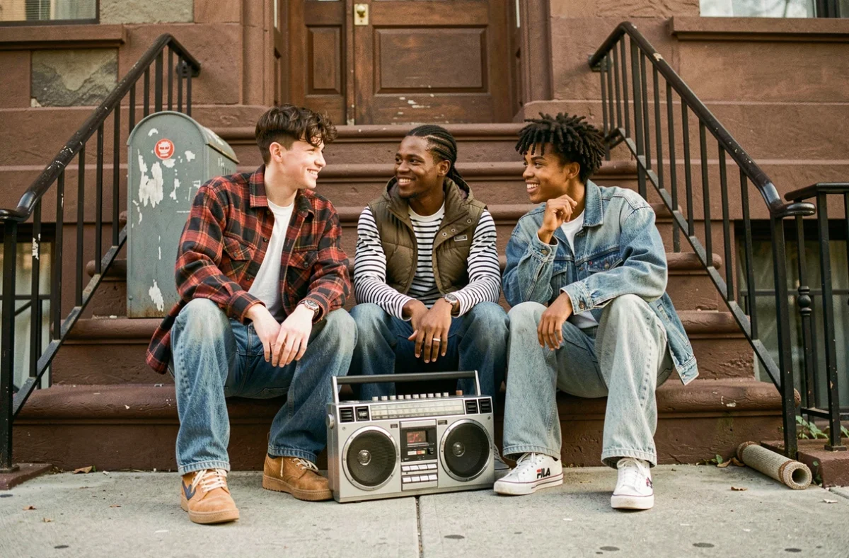 Groupe d'amis en tenues streetwear typiques des années 90 avec jeans larges, flanelle et vestes oversize assis sur un perron de brownstone urbain