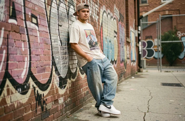 Jeune homme en tenue streetwear des années 90 avec baggy jeans, t-shirt oversize et sneakers Nike devant un mur de graffitis urbain