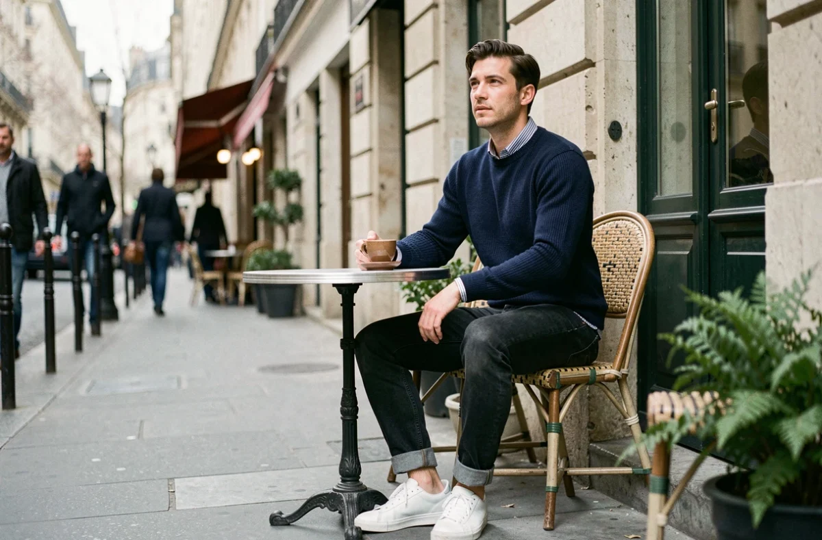 Jeune homme en tenue décontractée chic dans un café parisien exprimant sa personnalité par son style vestimentaire