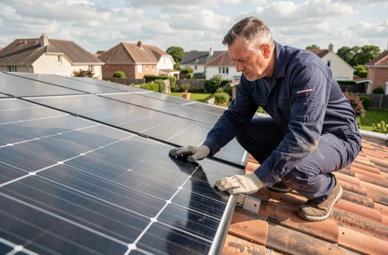 Technicien installant des panneaux photovoltaïques sur un toit de maison individuelle en France