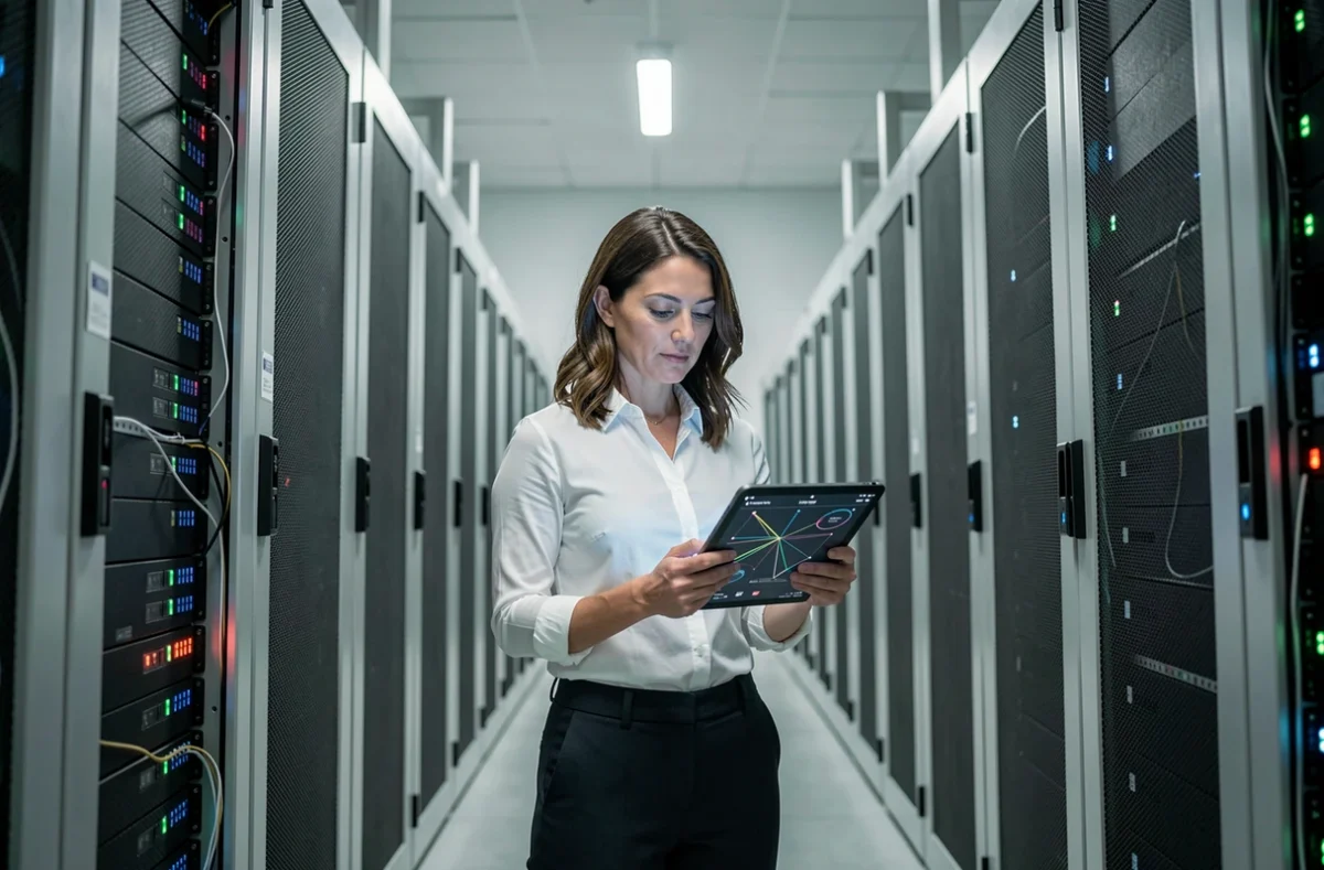 Technicienne en salle des serveurs consultant un diagramme de migration réseau sur une tablette dans un datacenter