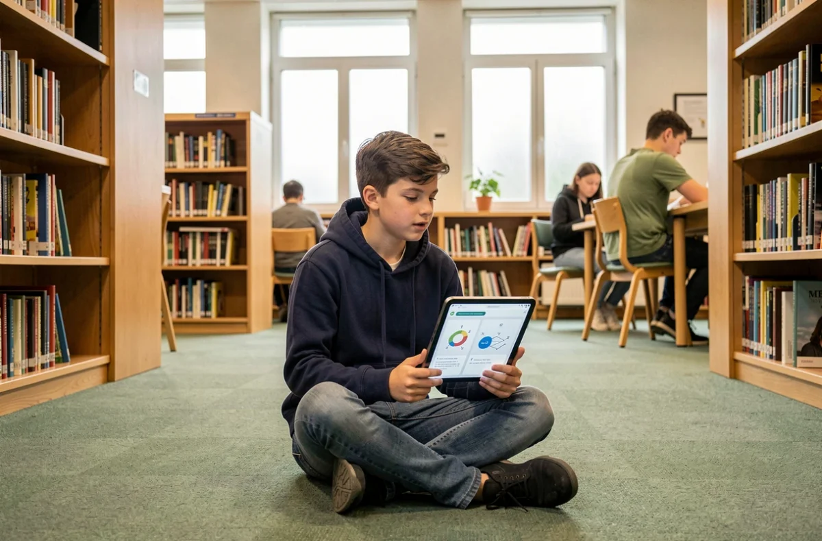 Adolescent utilisant une tablette numérique pour apprendre dans une bibliothèque publique moderne