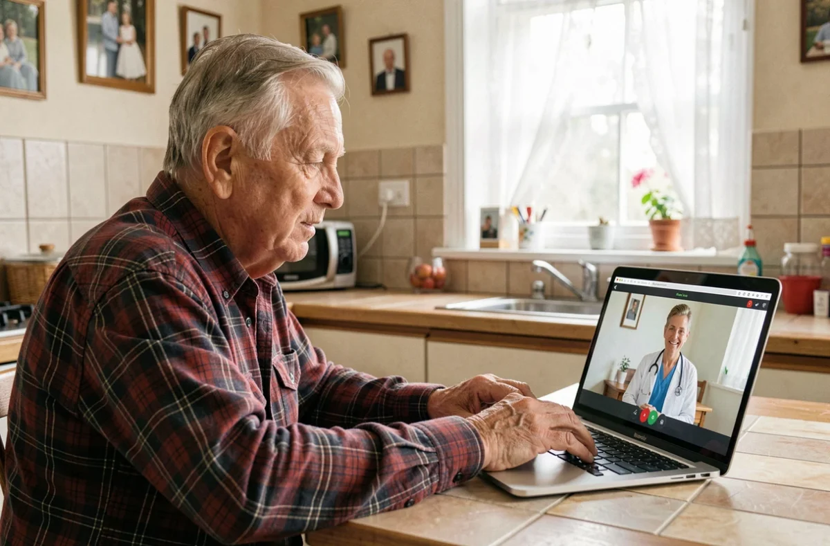 Homme âgé effectuant une téléconsultation médicale en ligne depuis son domicile grâce aux technologies numériques