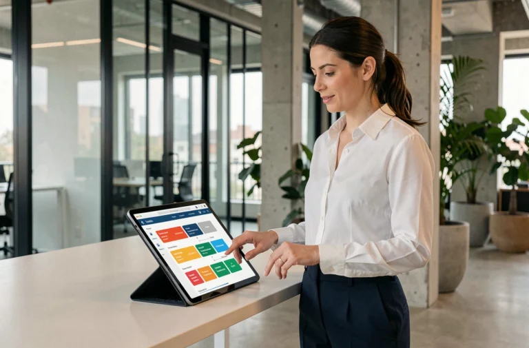 Femme professionnelle interagissant avec un tableau de bord d'expérience client numérique sur une tablette dans un bureau moderne