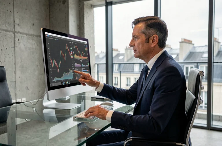 Homme d'affaires analysant des graphiques d'investissement sur un écran dans un bureau parisien moderne