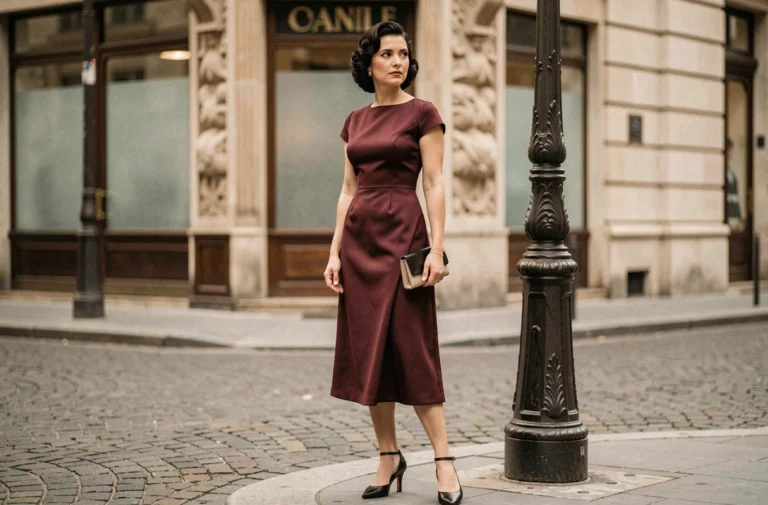 Femme élégante habillée à la mode des années 1930 avec une robe en soie coupée en biais et des chaussures T-bar noires, dans une rue parisienne pavée à l'atmosphère Art Déco