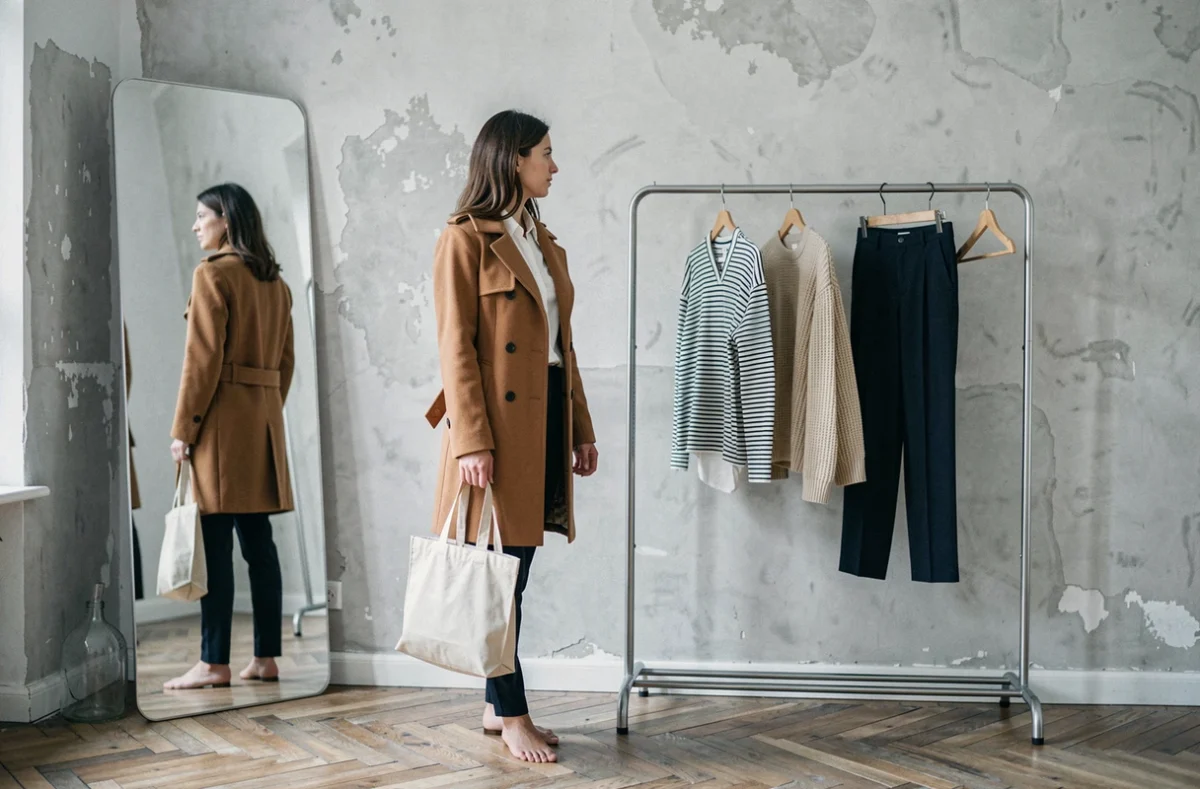 Femme élégante en manteau camel devant un portant minimaliste avec dix vêtements essentiels dans un appartement épuré