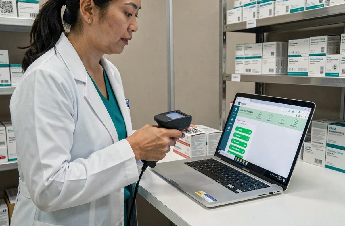 Technicienne scannant un produit pharmaceutique connecté à un système de traçabilité blockchain