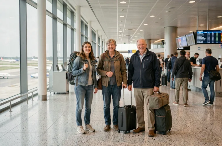 Voyageurs de différentes tranches d'âge dans un aéroport international avec bagages