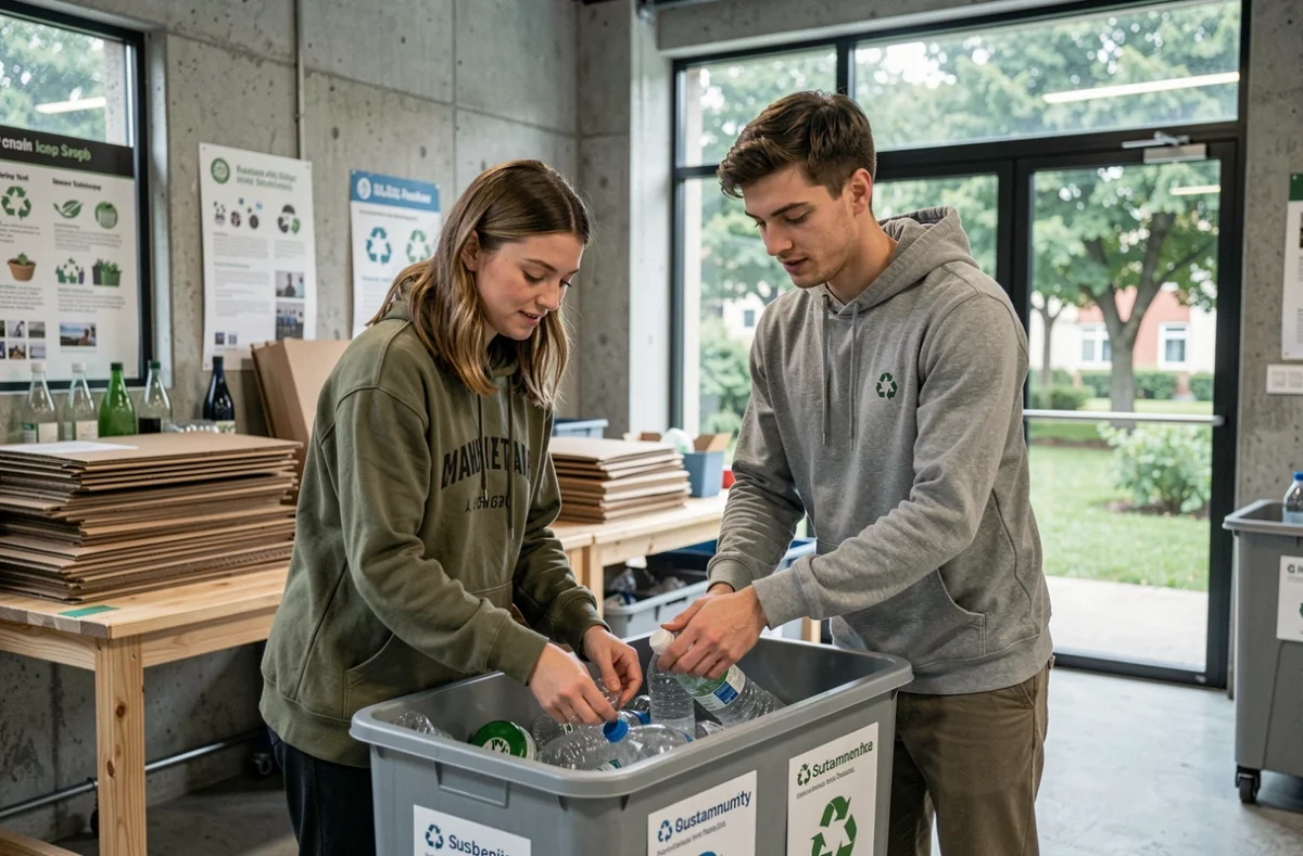 Deux jeunes adultes triant des matières recyclables dans un centre communautaire, geste quotidien pour le développement durable