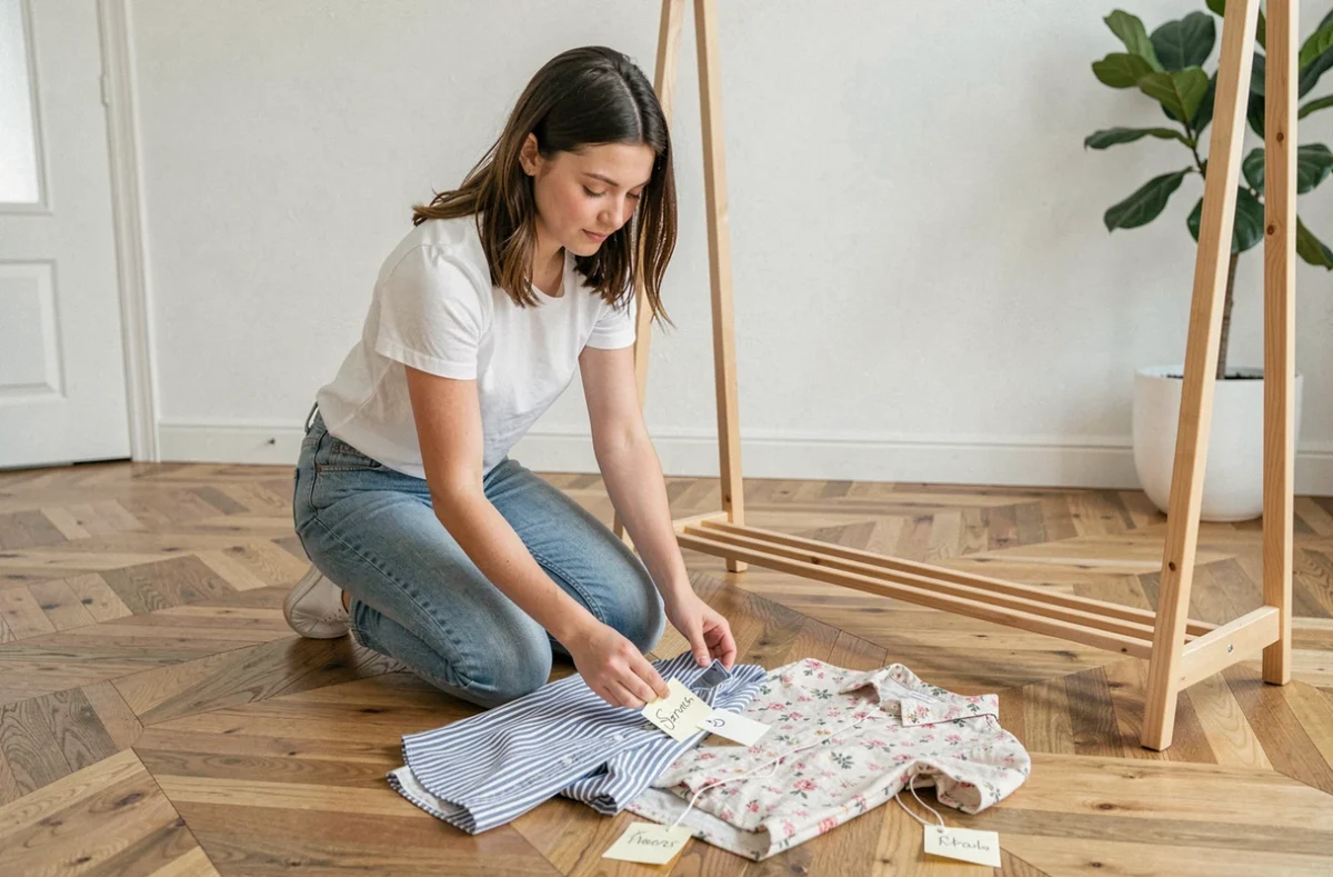 Jeune femme triant des vêtements sur un portant en bois avec des étiquettes indiquant le nombre de ports