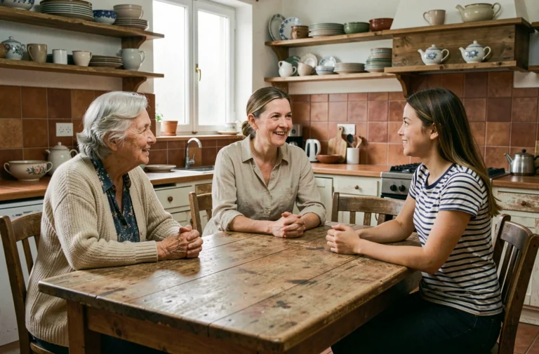Trois générations de femmes réunies autour d'une table de cuisine en bois, symbole de l'équité et du dialogue intergénérationnel