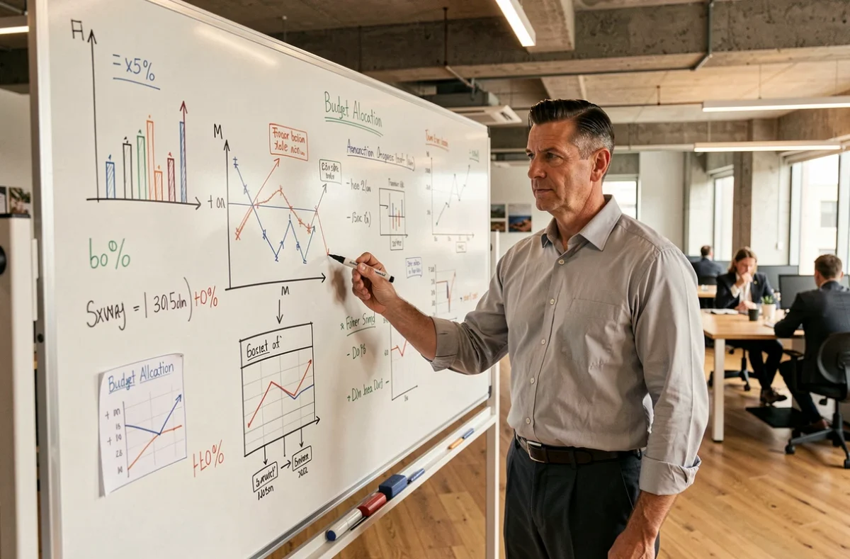 Directeur financier présentant les trois types de décisions de gestion financière devant un tableau blanc en entreprise