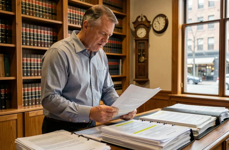 Homme d'affaires examinant des documents juridiques dans un bureau rempli de livres de droit, symbolisant la question des droits acquis et des usages légaux