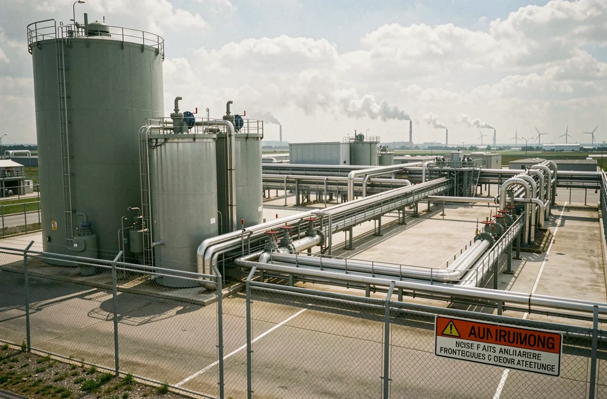 Usine industrielle de production d'hydrogène avec réservoirs et infrastructure de stockage sous ciel nuageux