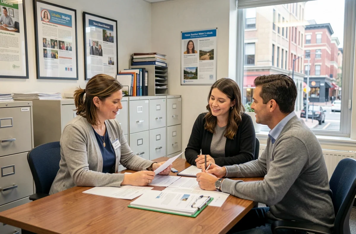 Travailleuse sociale accompagnant un couple en démarche administrative, représentant le rôle d'accompagnement et de protection sociale de la branche famille de la Sécurité sociale