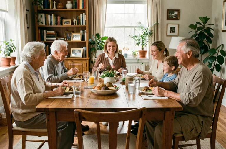 Famille multigénérationnelle réunie autour d'un repas, illustrant les valeurs de solidarité et de cohésion familiale défendues par la branche famille