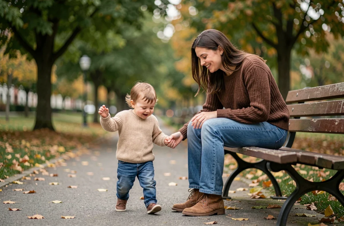 Jeune mère accompagnant son enfant en bas âge dans un parc, symbolisant le soutien à la parentalité et aux familles avec enfants de la branche famille