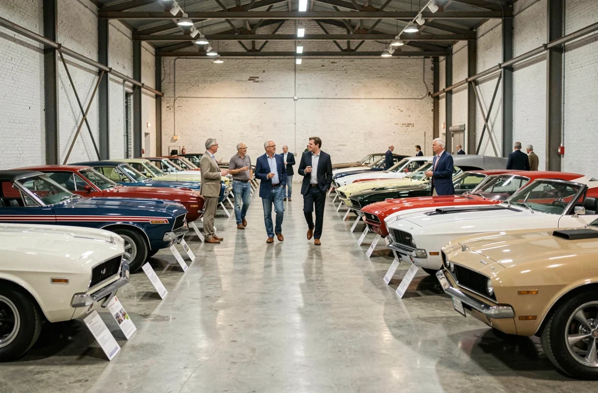 Salle de vente aux enchères de voitures de collection avec rangées de véhicules restaurés et collectionneurs en discussion
