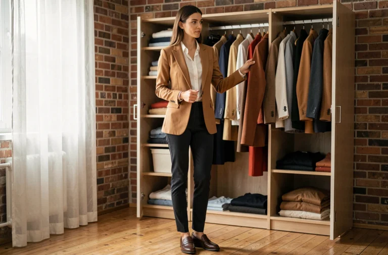 Femme élégante devant une armoire ouverte reflétant sa personnalité à travers ses choix vestimentaires