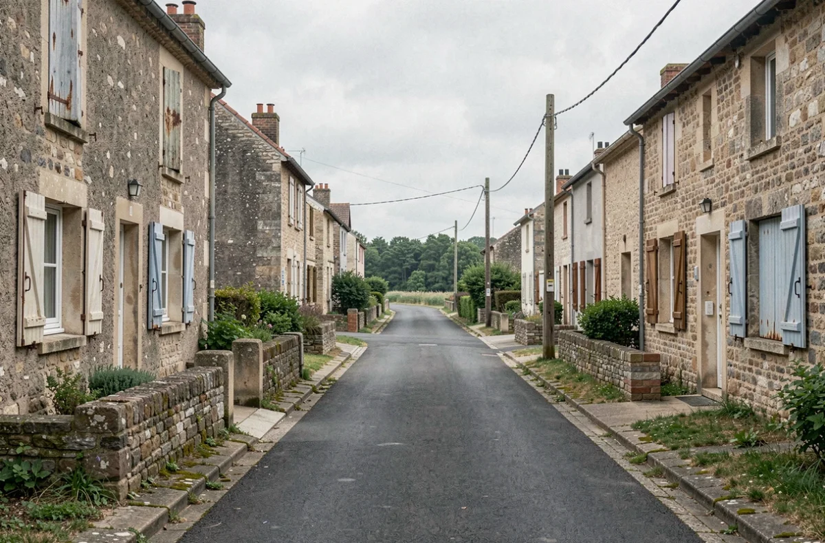 Rue d'un village rural en zone blanche non urbanisée en France